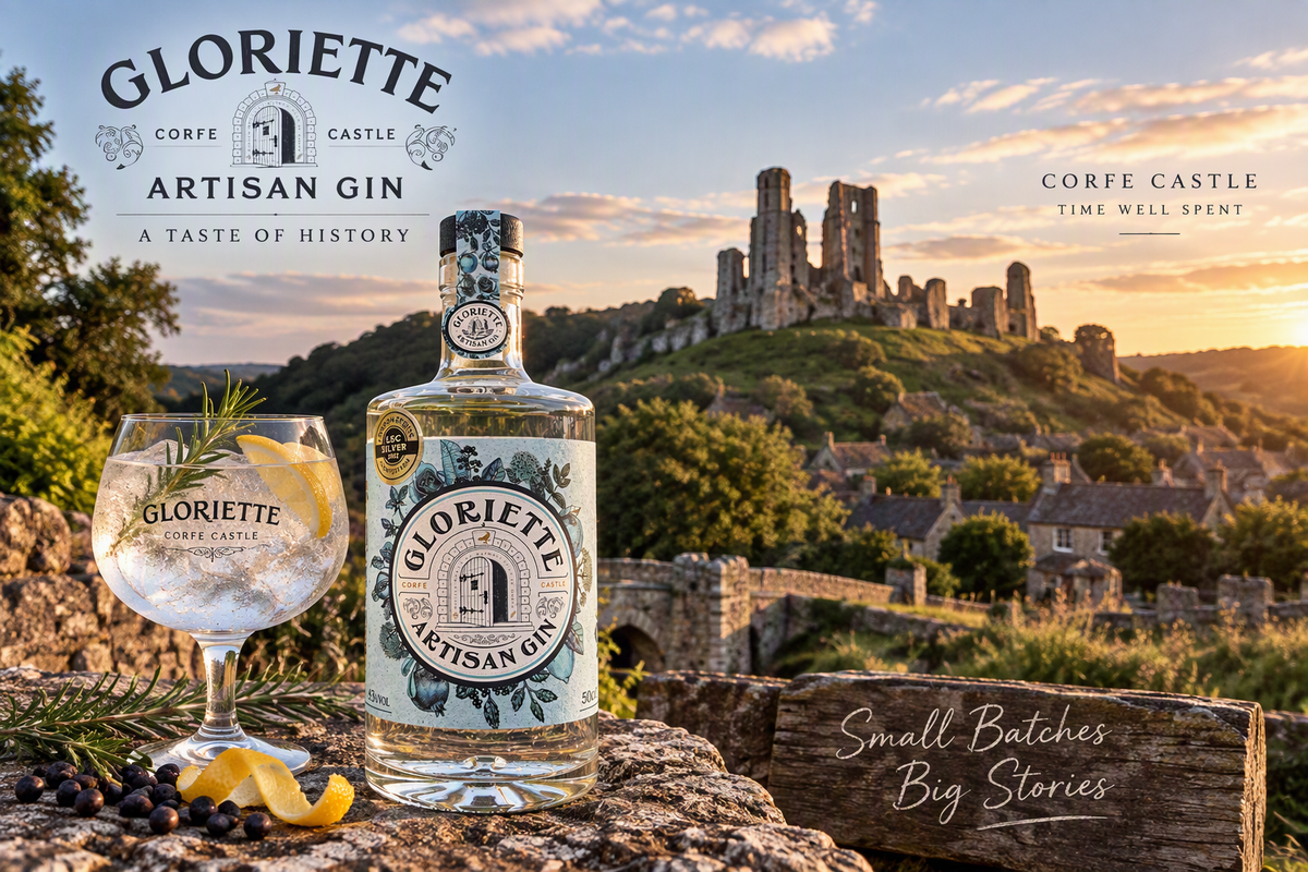 Gloriette Artisan Gin bottle with a G&T, Corfe Castle in the background