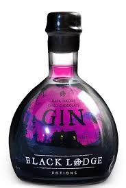 Black Lodge Potions Gin in dark cauldron-shaped bottle with pink glow