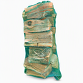 Split firewood logs in a green net bag