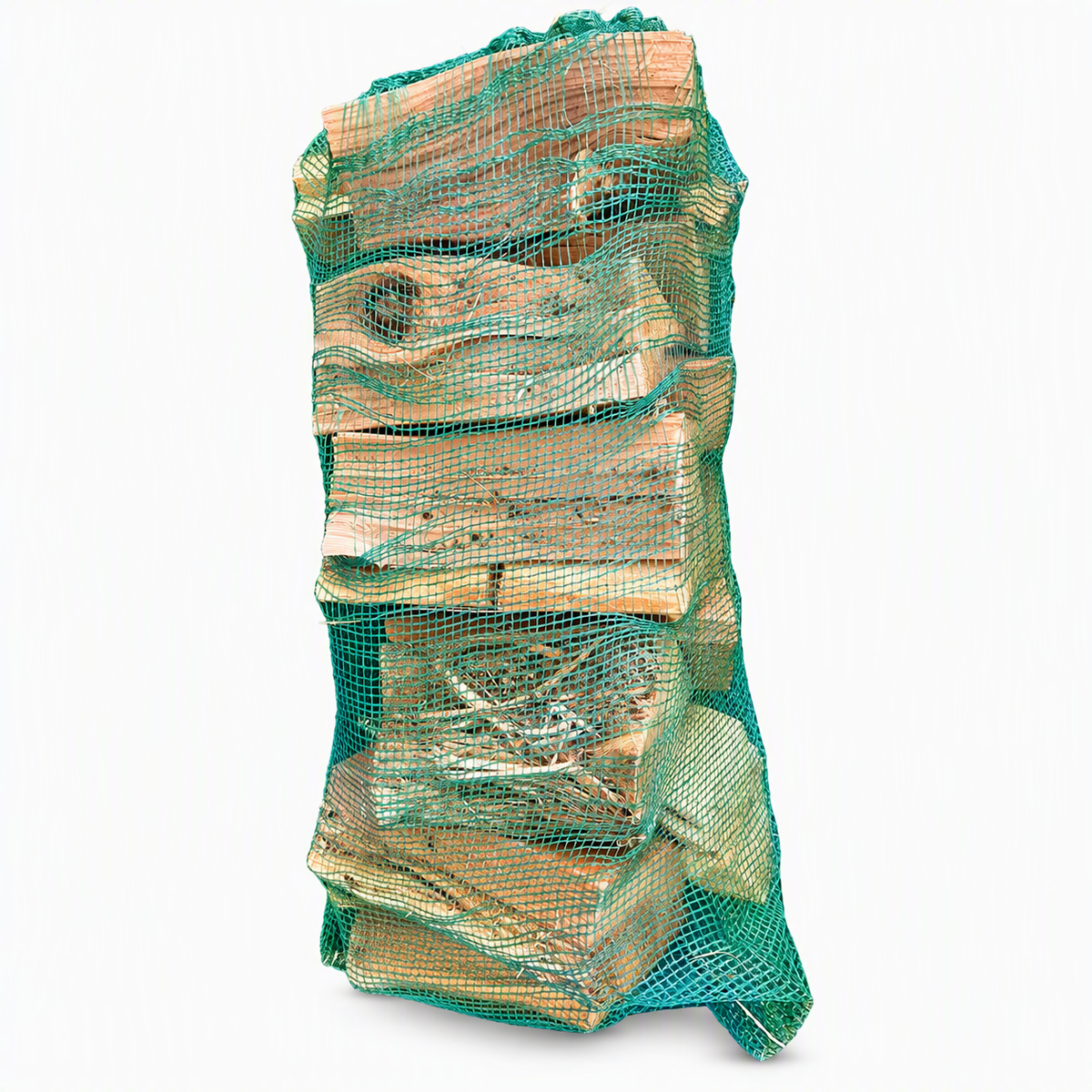 Split firewood logs in a green net bag