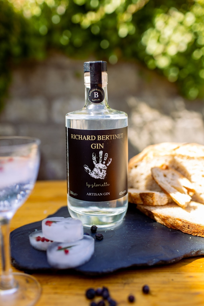 Richard Bertinet Gin by Gloriette bottle on slate board